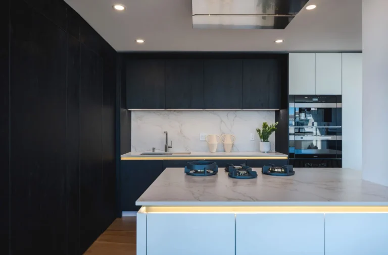 New-Home Modern custom kitchen in Georgetown featuring dark wood cabinetry, marble waterfall island, built-in appliances, and minimalist design
